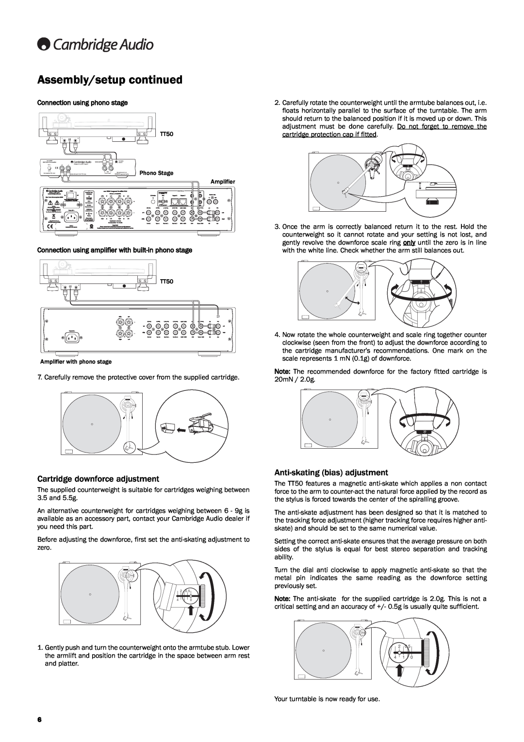 Cambridge Audio TT50 user manual Assembly/setup continued, Cartridge downforce adjustment, Anti-skatingbias adjustment 