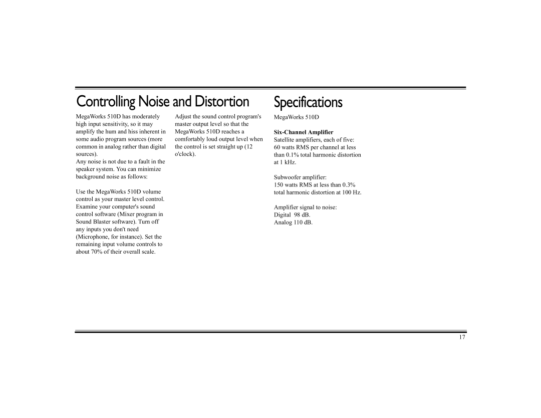 Cambridge SoundWorks 510D operating instructions Controlling Noise and Distortion Specifications 