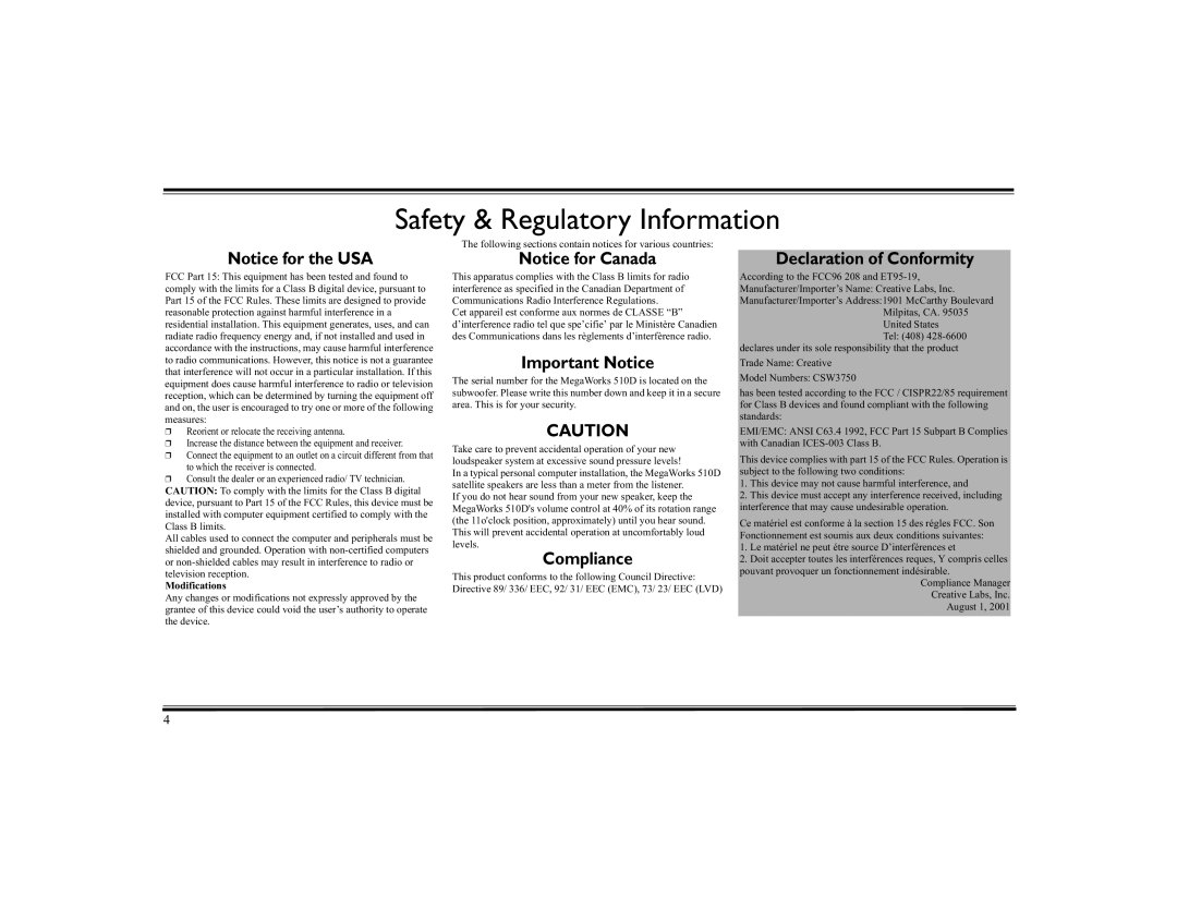 Cambridge SoundWorks 510D operating instructions Safety & Regulatory Information 