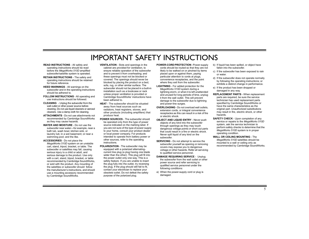 Cambridge SoundWorks 510D operating instructions Important Safety Instructions 