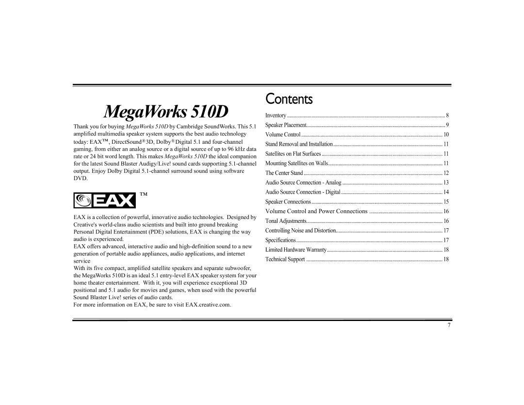 Cambridge SoundWorks 510D operating instructions Contents 