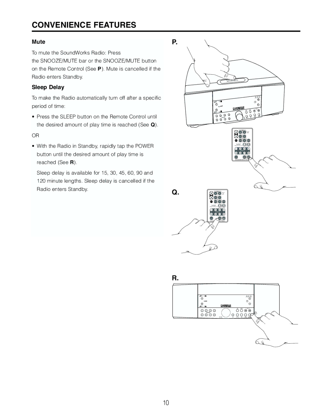 Cambridge SoundWorks 730 user manual Convenience Features, Mute, Sleep Delay 