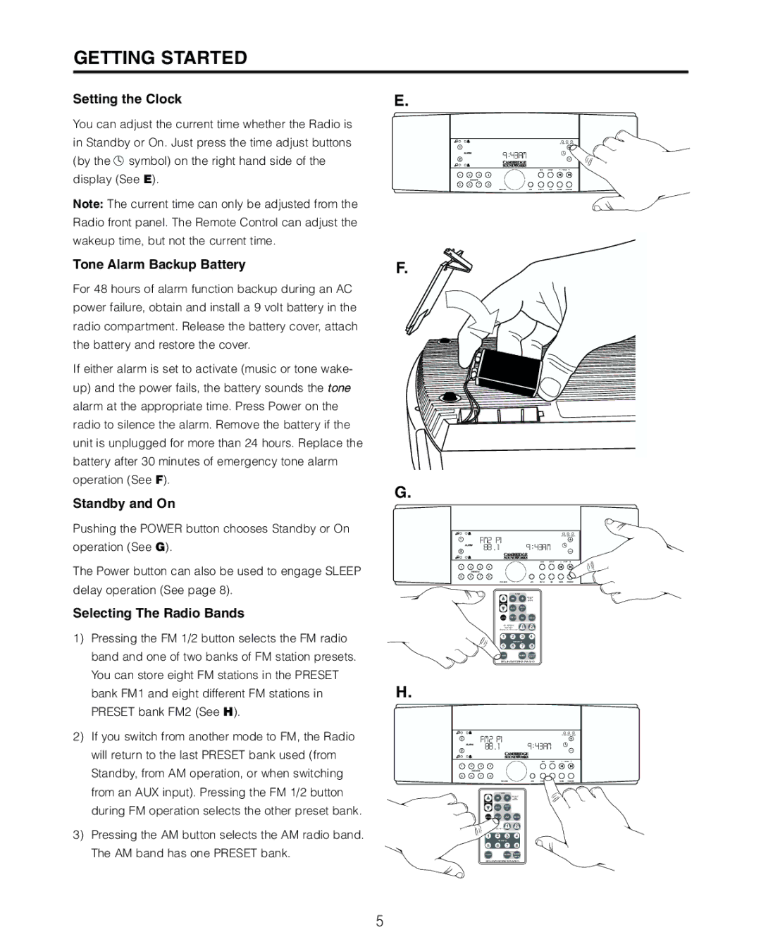 Cambridge SoundWorks 730 Setting the Clock, Tone Alarm Backup Battery, Standby and On, Selecting The Radio Bands 