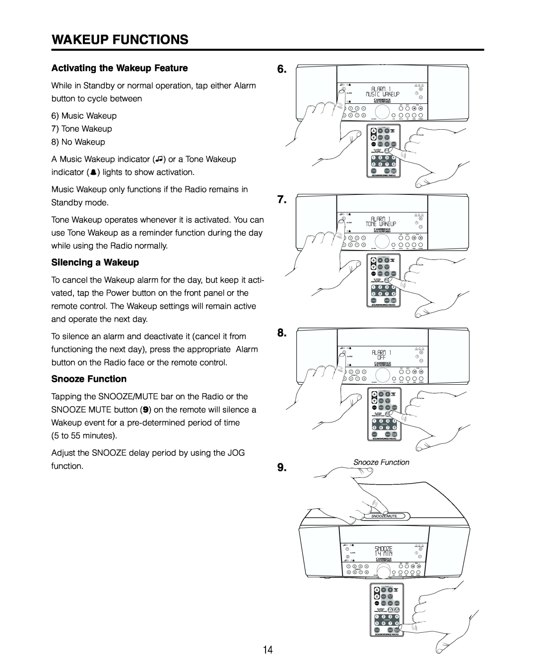 Cambridge SoundWorks 730 user manual Activating the Wakeup Feature, Silencing a Wakeup, Snooze Function, Wakeup Functions 