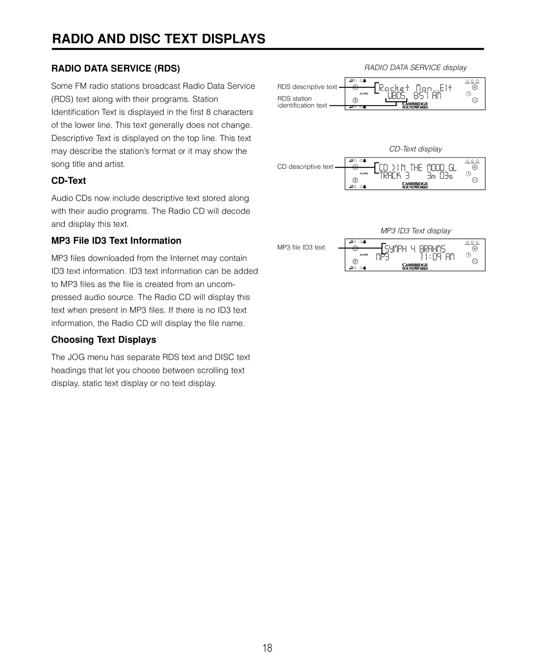 Cambridge SoundWorks 740 Radio and Disc Text Displays, CD-Text, MP3 File ID3 Text Information, Choosing Text Displays 