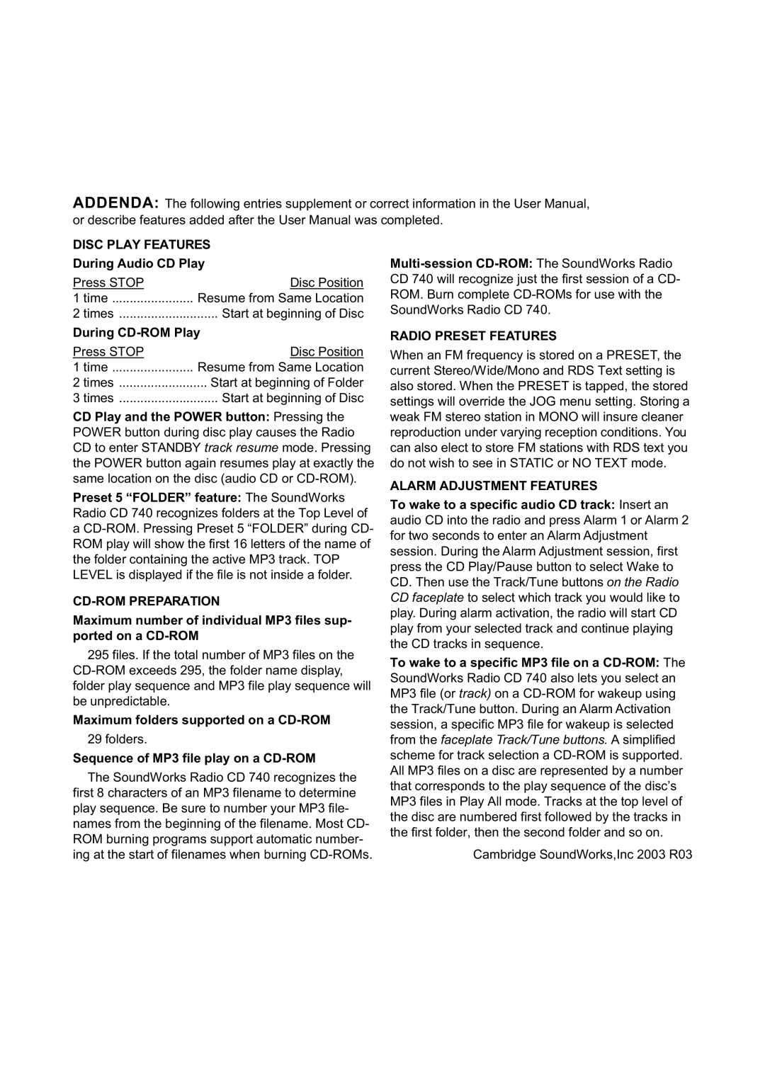 Cambridge SoundWorks 740 user manual Disc Play Features 