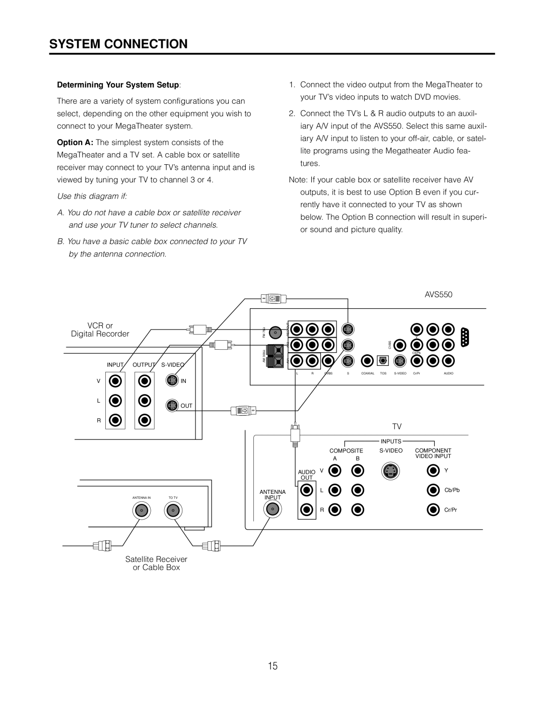 Cambridge SoundWorks AVS550 user manual System Connection, Determining Your System Setup 