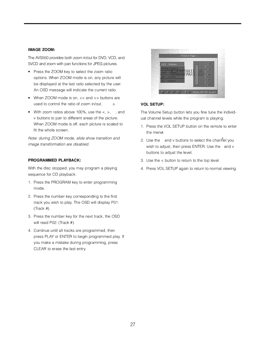 Cambridge SoundWorks AVS550 user manual Image Zoom, Programmed Playback, VOL Setup 