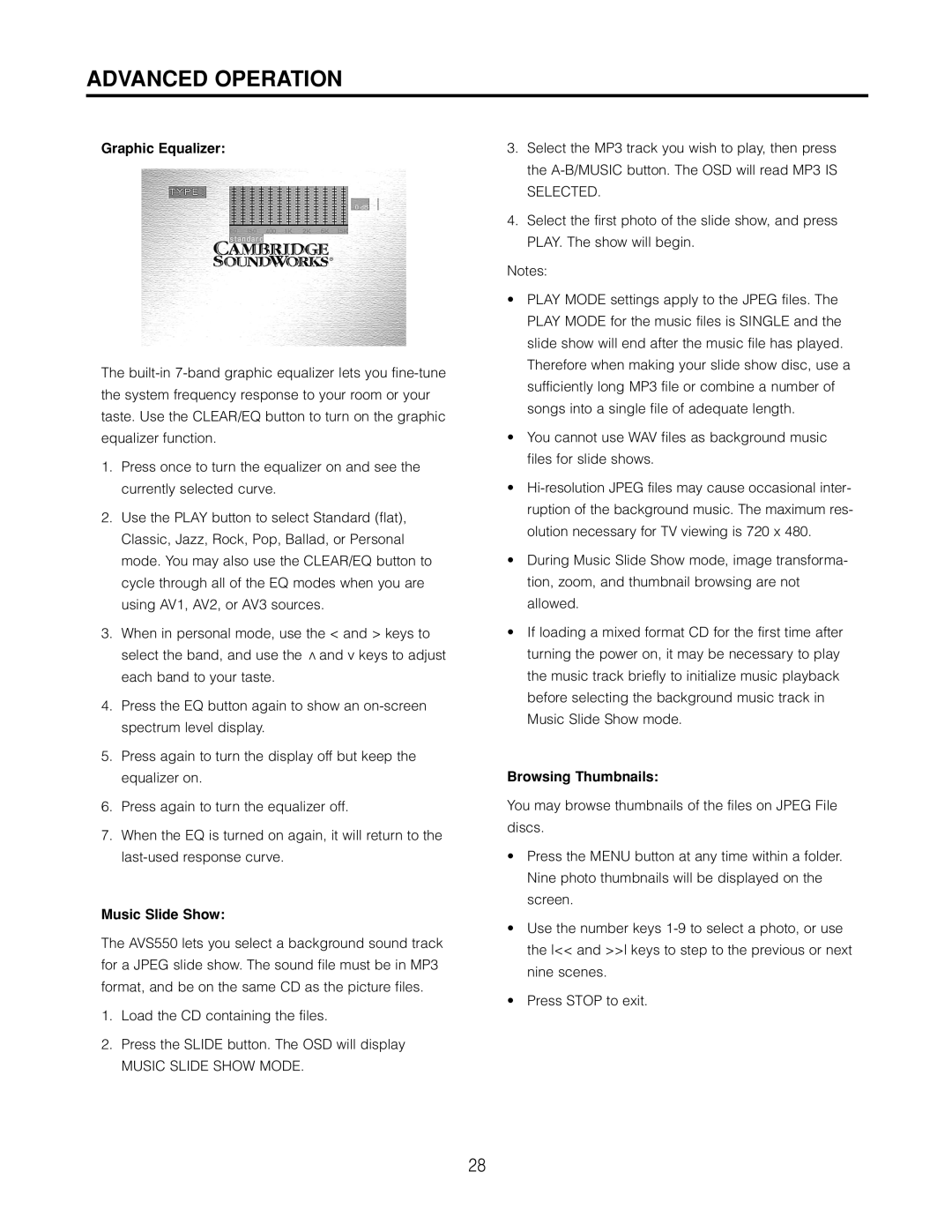 Cambridge SoundWorks AVS550 Advanced Operation, Graphic Equalizer, Music Slide Show Mode, Browsing Thumbnails 