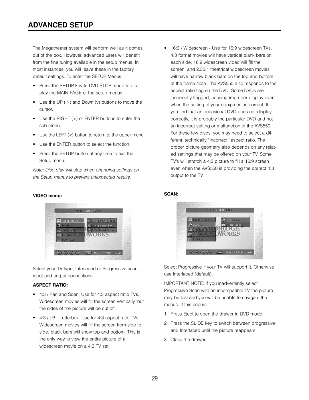 Cambridge SoundWorks AVS550 user manual Advanced Setup, Video menu, Aspect Ratio, Scan 