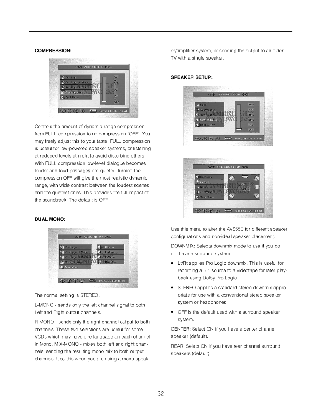 Cambridge SoundWorks AVS550 user manual Compression, Dual Mono, Speaker Setup 