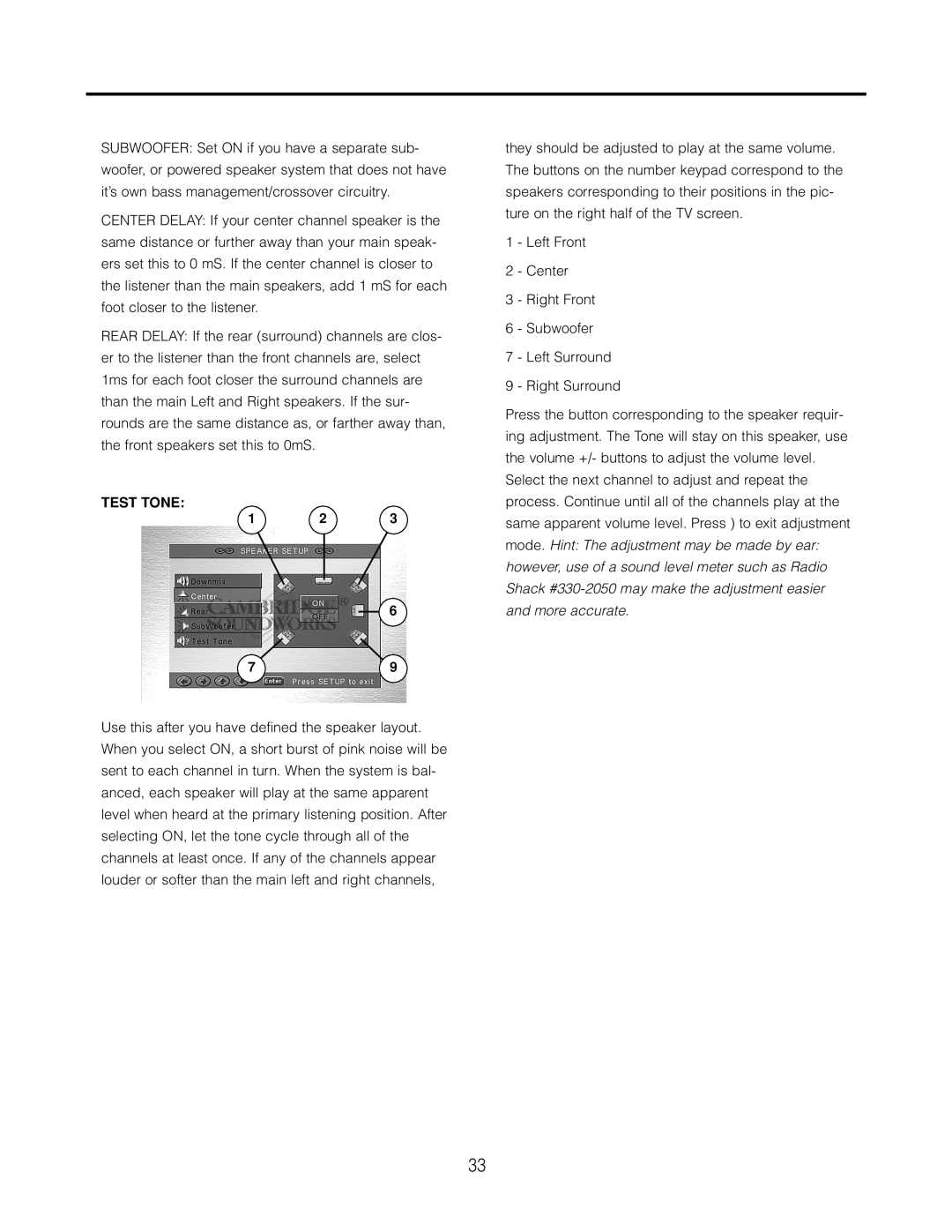 Cambridge SoundWorks AVS550 user manual Test Tone 