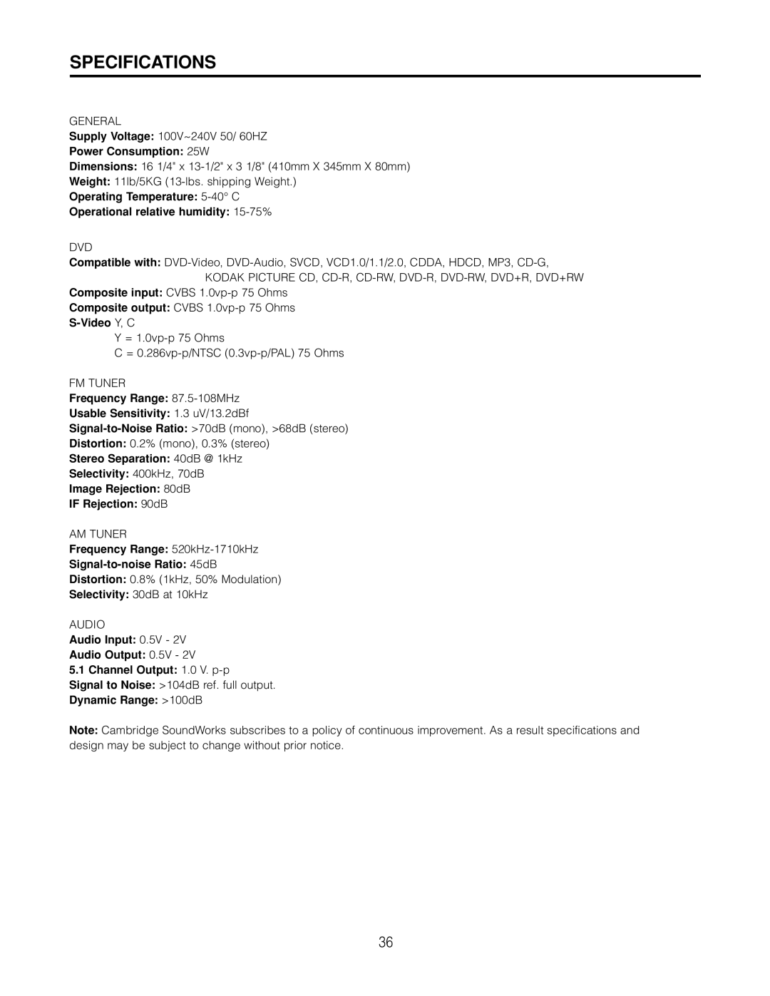 Cambridge SoundWorks AVS550 user manual Specifications 