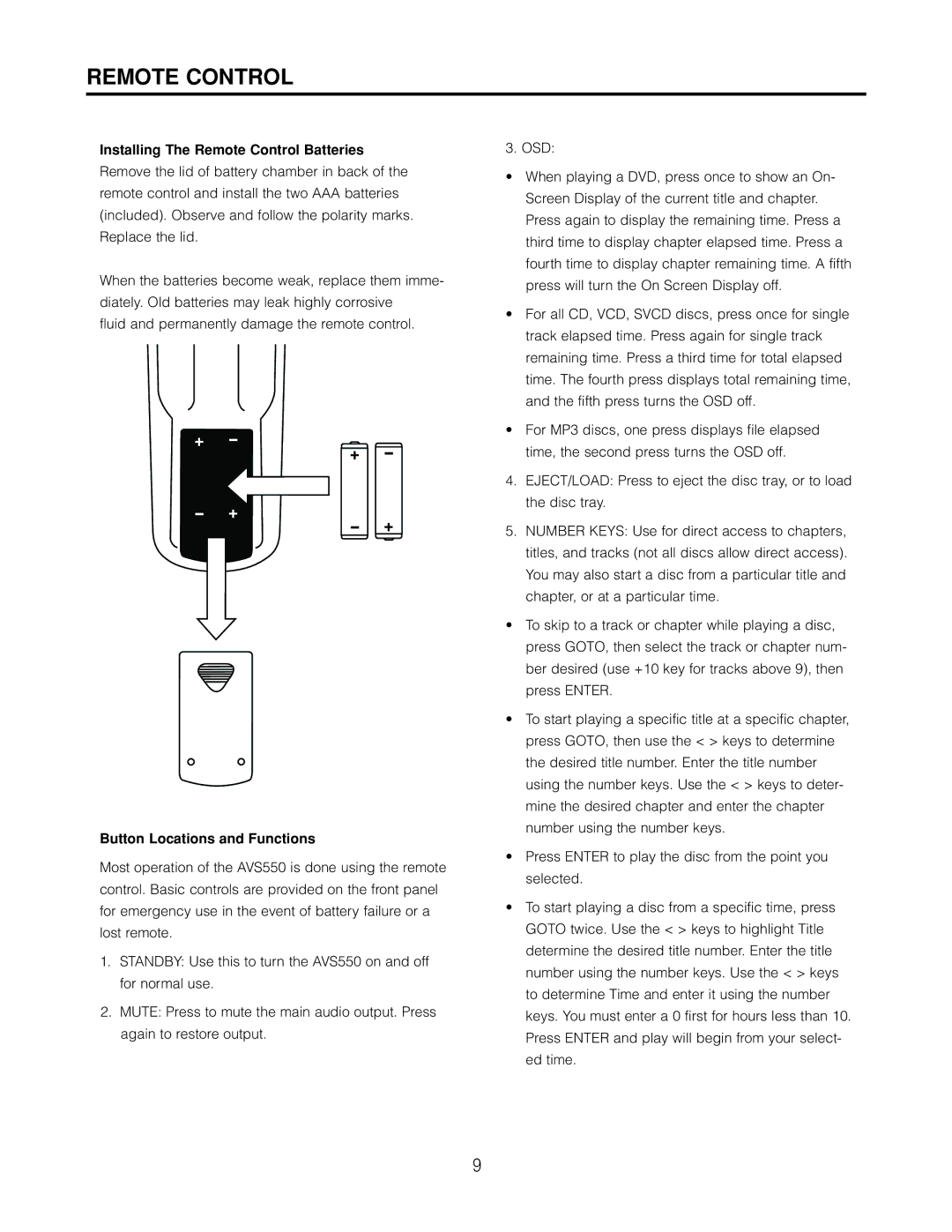 Cambridge SoundWorks AVS550 user manual Installing The Remote Control Batteries, Button Locations and Functions 