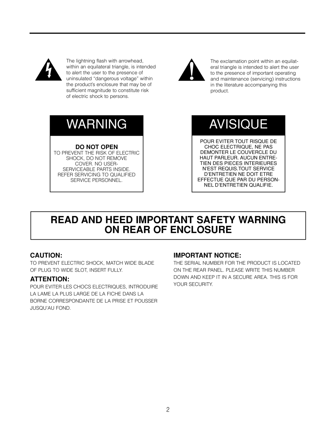 Cambridge SoundWorks AVS550 Read And Heed Important Safety Warning, On Rear Of Enclosure, Avisique, Important Notice 