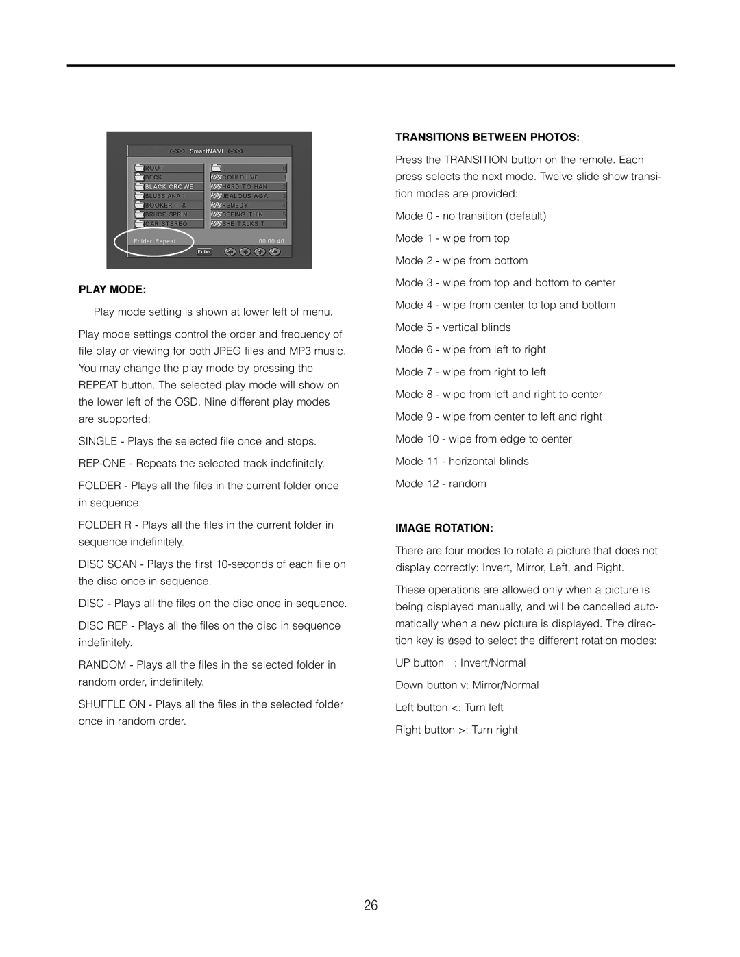 Cambridge SoundWorks AVS550 user manual Play Mode, Transitions Between Photos, Image Rotation 