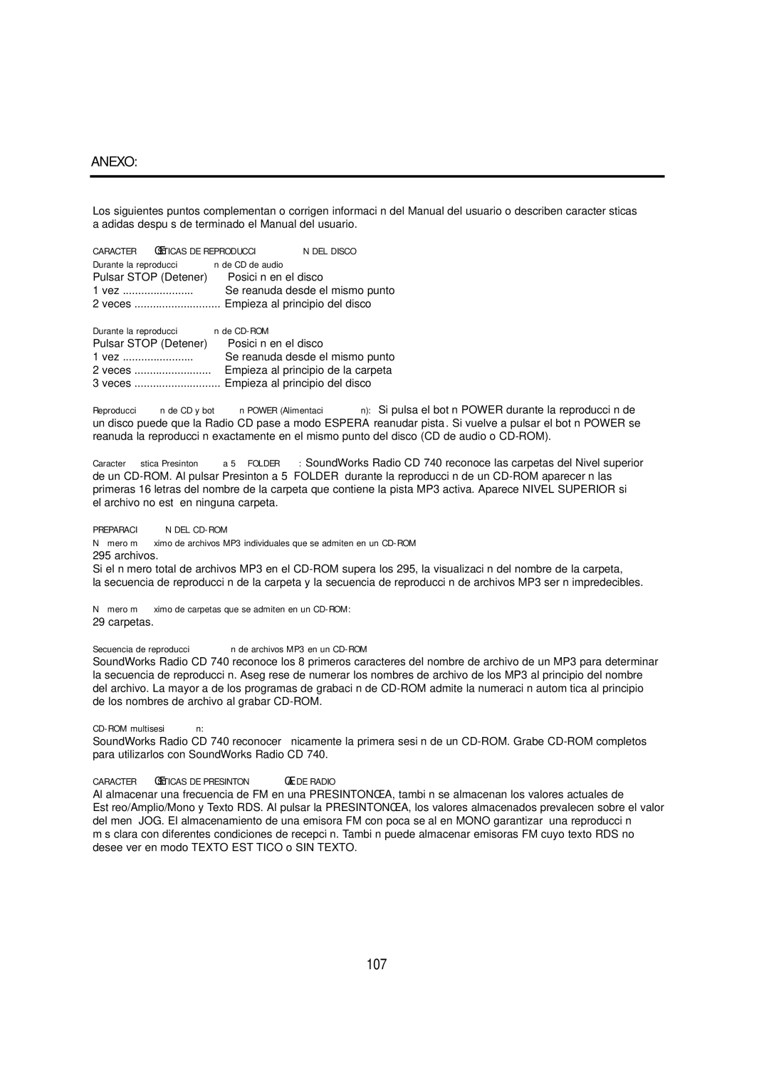 Cambridge SoundWorks C174RCNB user manual Anexo, Características DE Reproducción DEL Disco, Preparación DEL CD-ROM 