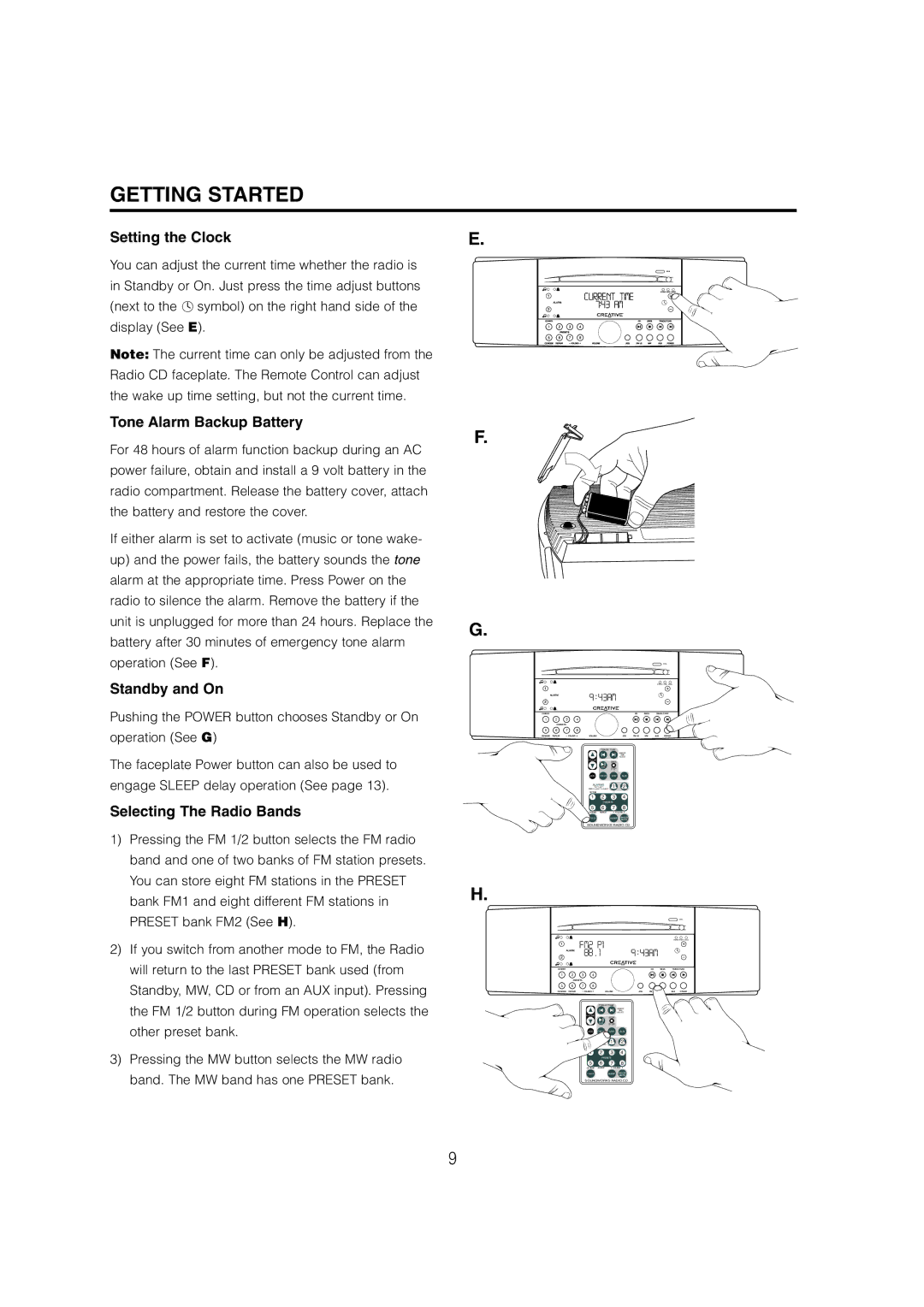 Cambridge SoundWorks C174RCNB Setting the Clock, Tone Alarm Backup Battery, Standby and On, Selecting The Radio Bands 