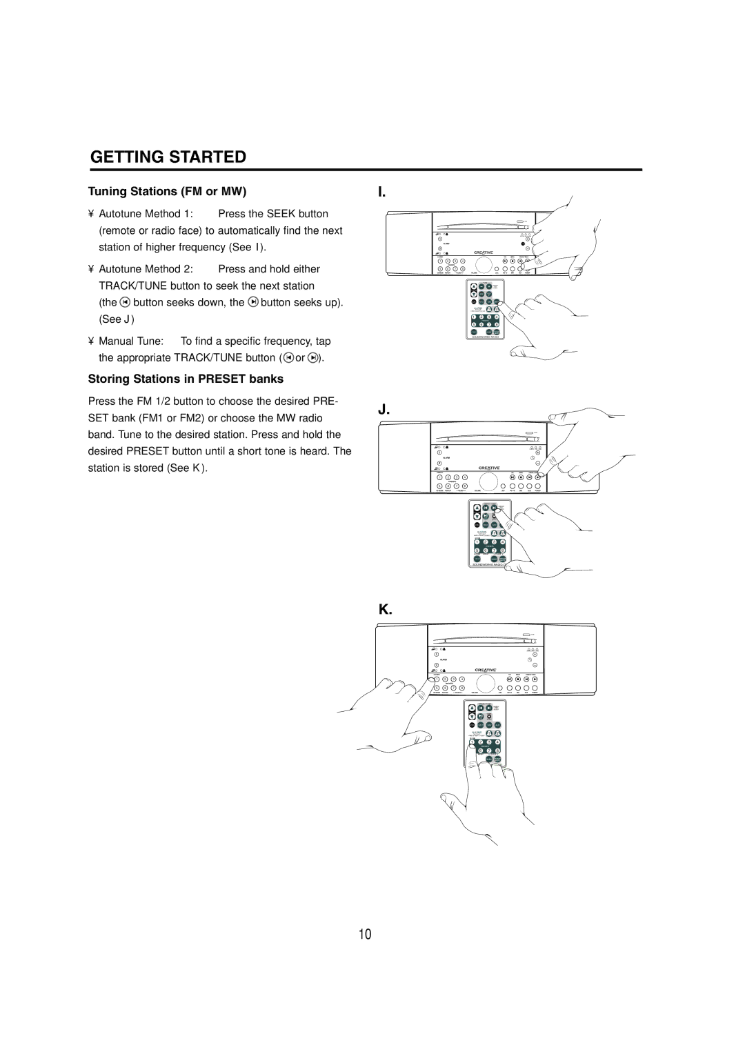 Cambridge SoundWorks C174RCNB user manual Tuning Stations FM or MW, Storing Stations in Preset banks 