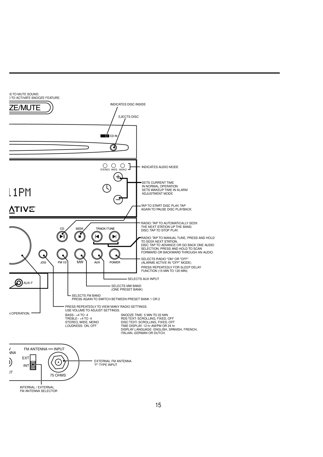 Cambridge SoundWorks C174RCNB user manual Ejects Disc, Sets Current Time, Selects Radio on or OFF 