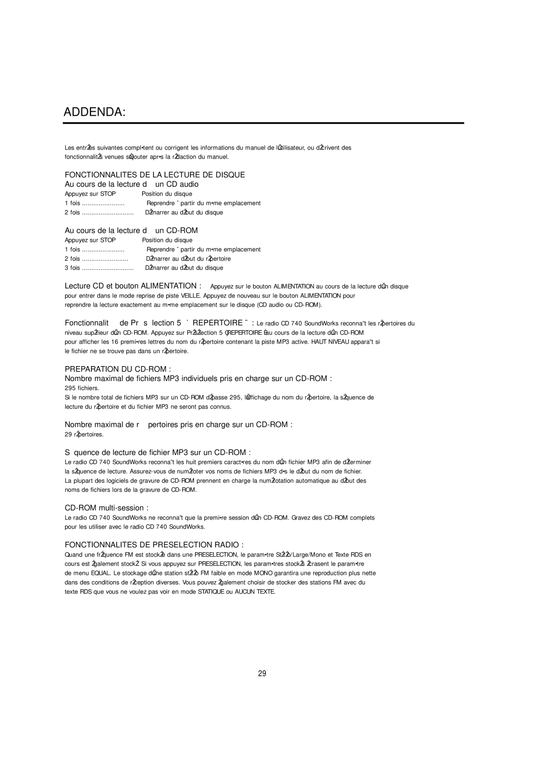 Cambridge SoundWorks C174RCNB user manual Fonctionnalites DE LA Lecture DE Disque, Preparation DU CD-ROM 