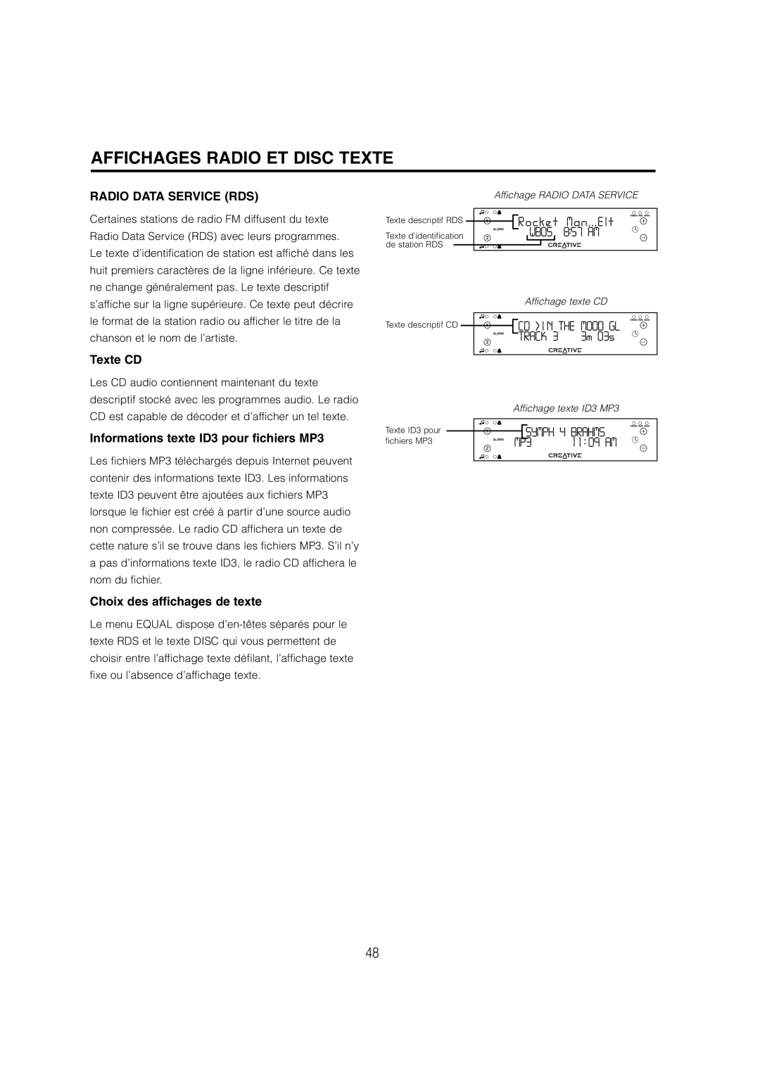 Cambridge SoundWorks C174RCNB Affichages Radio ET Disc Texte, Texte CD, Informations texte ID3 pour fichiers MP3 