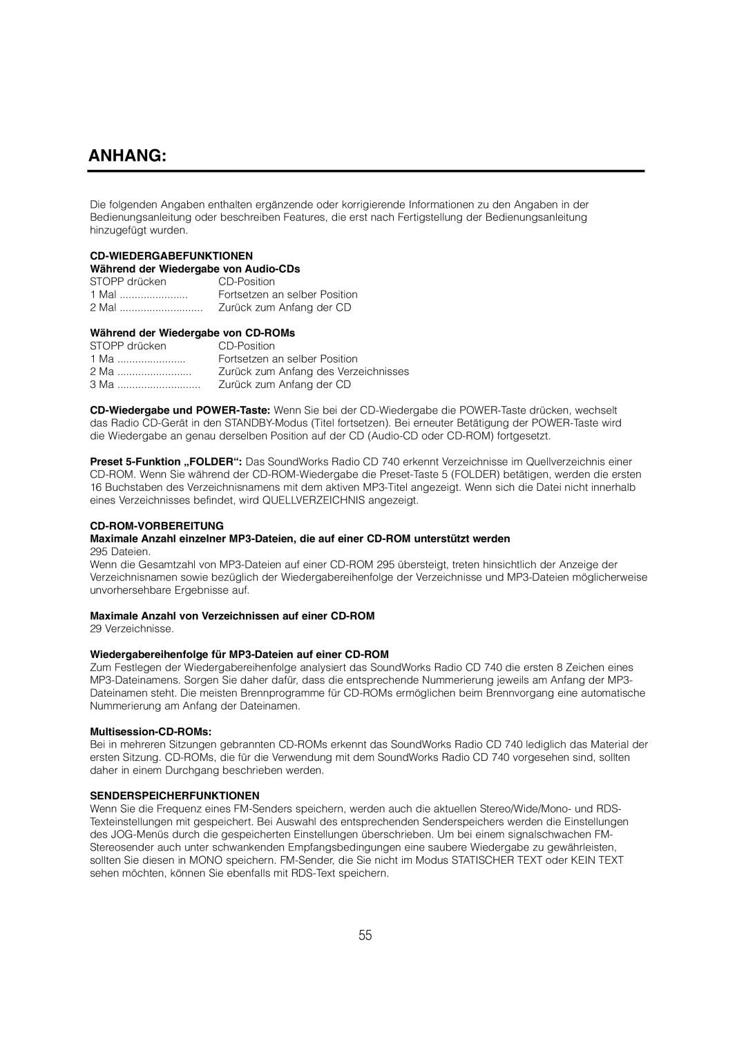 Cambridge SoundWorks C174RCNB user manual Anhang, Cd-Wiedergabefunktionen, Cd-Rom-Vorbereitung, Senderspeicherfunktionen 