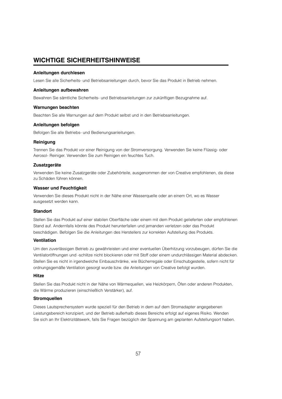 Cambridge SoundWorks C174RCNB user manual Wichtige Sicherheitshinweise 