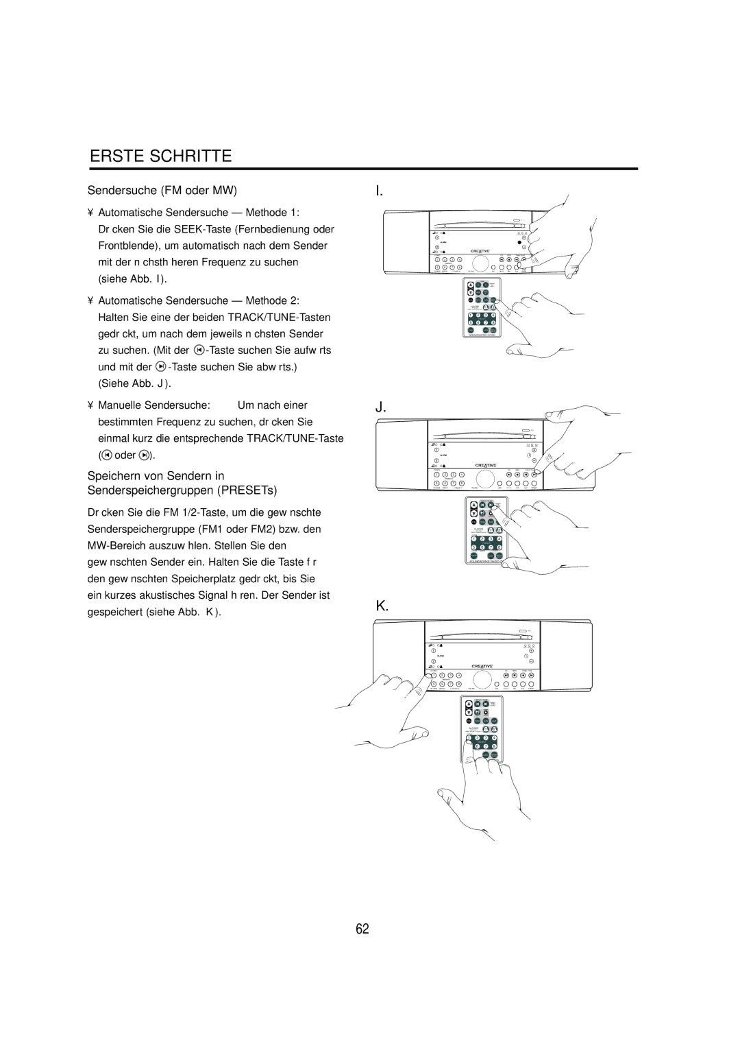 Cambridge SoundWorks C174RCNB user manual Sendersuche FM oder MW, Speichern von Sendern in Senderspeichergruppen PRESETs 