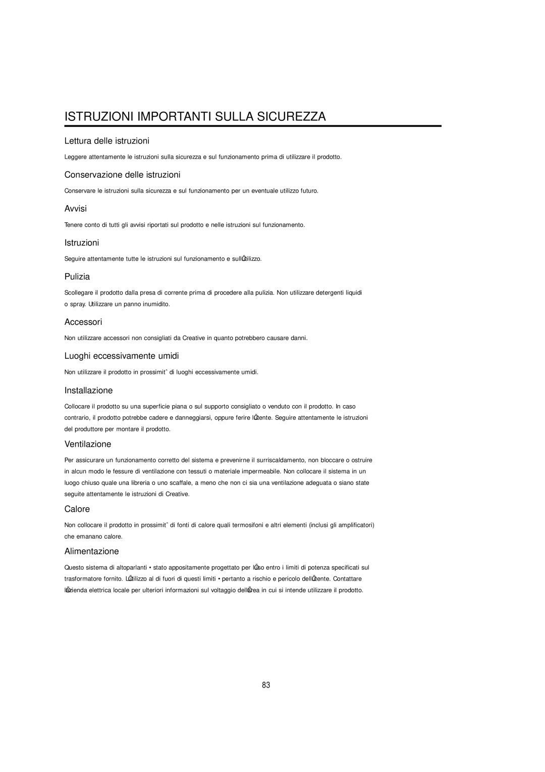 Cambridge SoundWorks C174RCNB user manual Istruzioni Importanti Sulla Sicurezza 