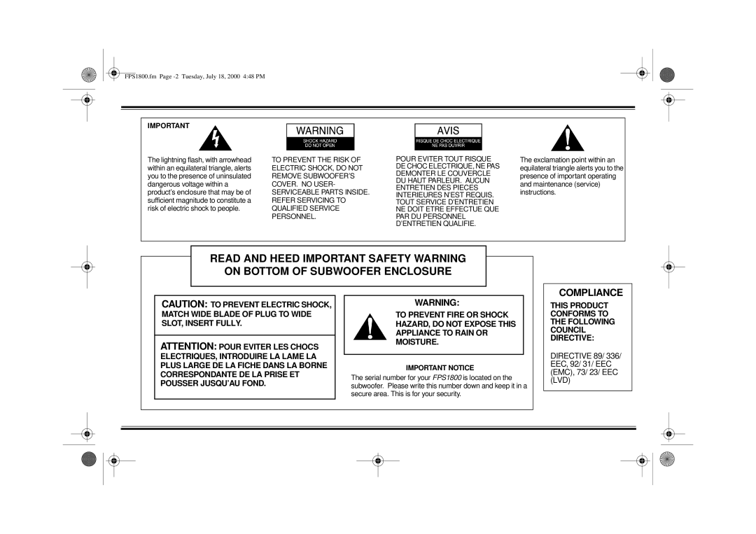 Cambridge SoundWorks FPS1800 manual Compliance, Equilateral triangle alerts you to 