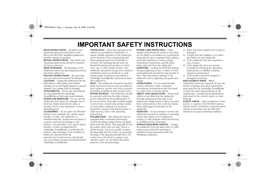 Cambridge SoundWorks manual FPS1800.fm Page -1 Tuesday, July 18, 2000 448 PM 