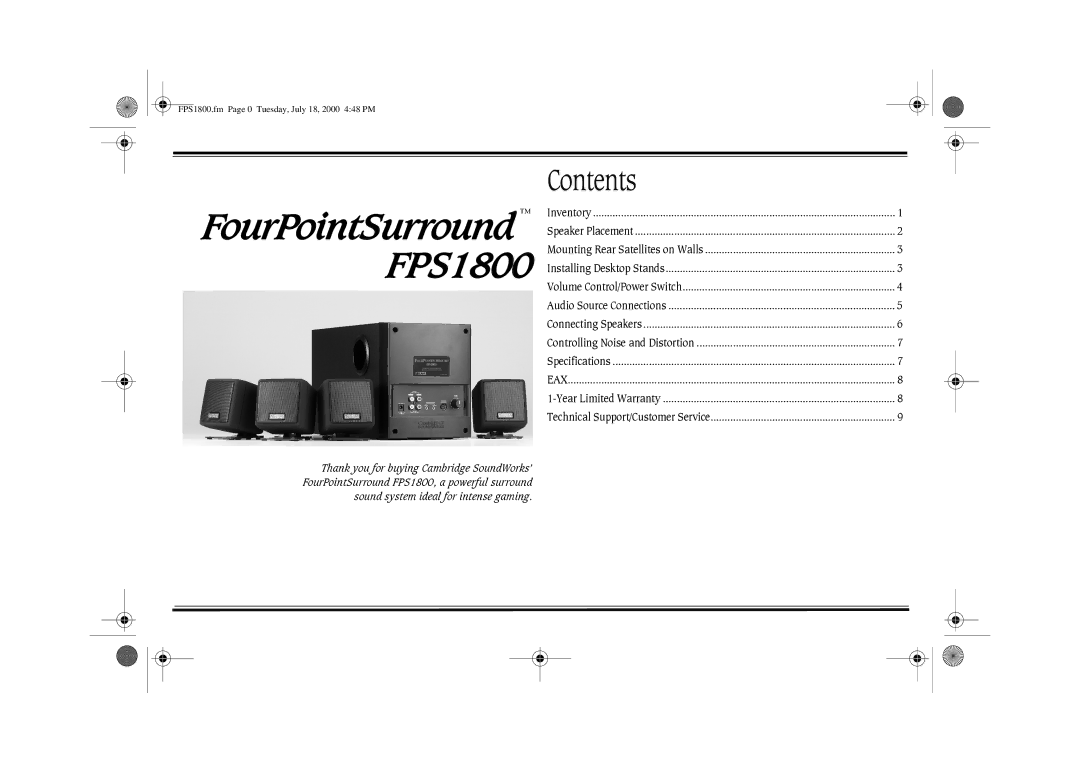 Cambridge SoundWorks FPS1800 manual Year Limited Warranty Technical Support/Customer Service 