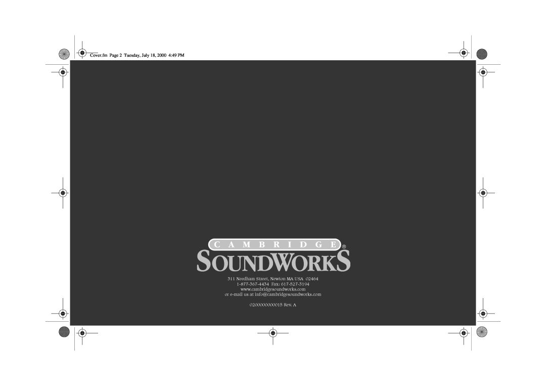 Cambridge SoundWorks FPS1800 manual Cover.fm Page 2 Tuesday, July 18, 2000 4 49 PM, Needham Street, Newton MA USA 