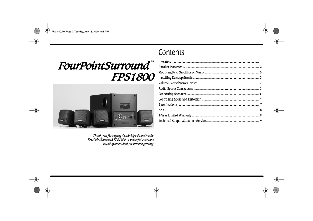 Cambridge SoundWorks FPS1800 manual Speaker Placement 