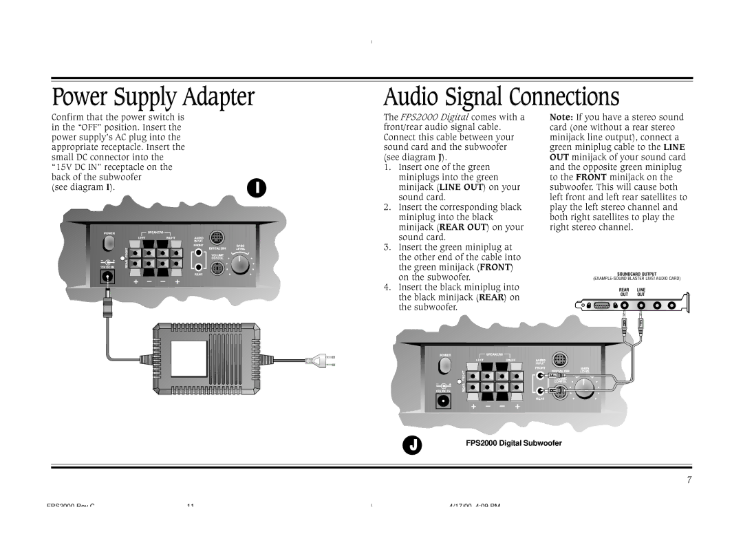 Cambridge SoundWorks FPS2000 operating instructions Power Supply Adapter Audio Signal Connections 