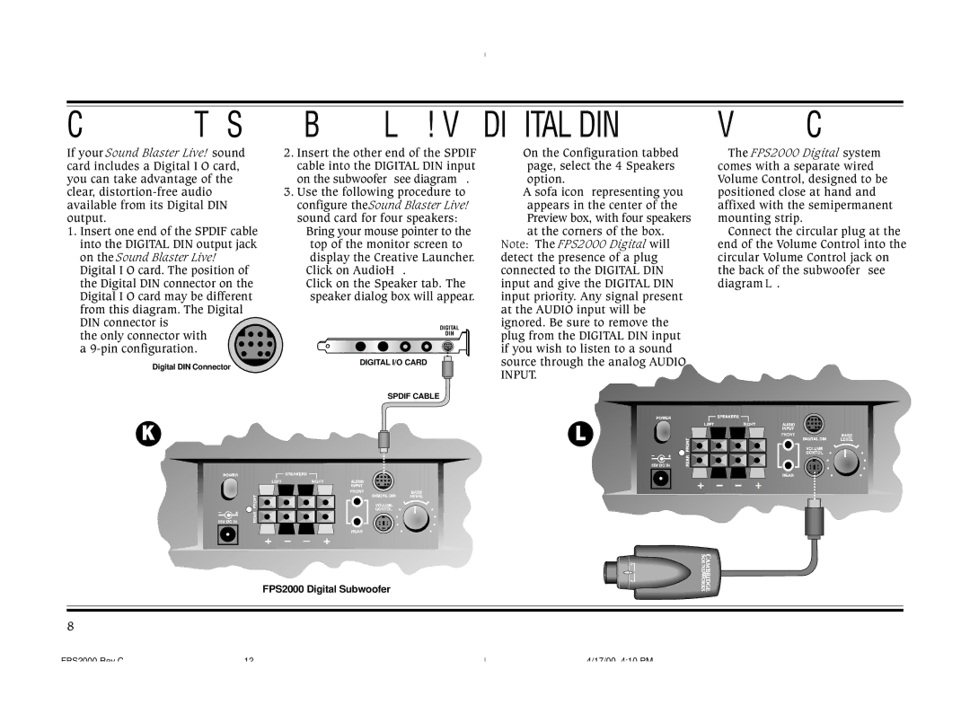 Cambridge SoundWorks FPS2000 operating instructions Volume Control, Connection To Sound Blaster Live! Via Digital DIN 