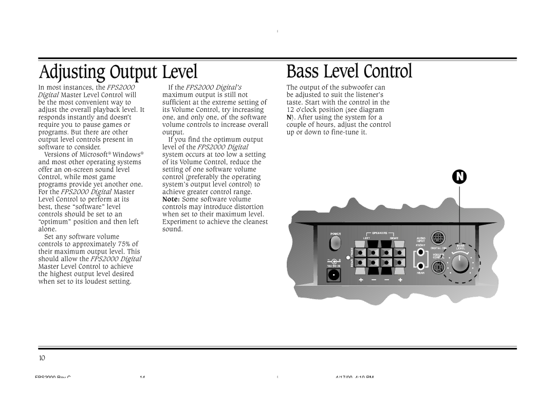 Cambridge SoundWorks operating instructions Adjusting Output Level Bass Level Control, If the FPS2000 Digital’s 