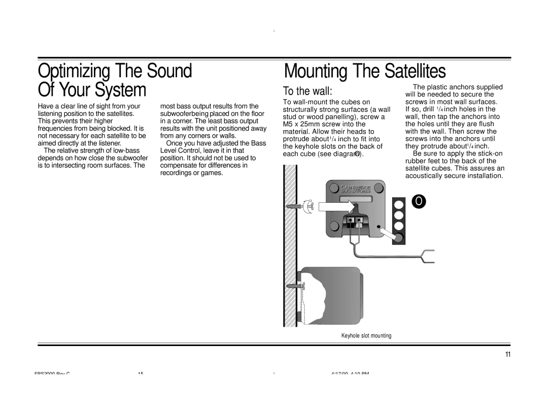 Cambridge SoundWorks FPS2000 operating instructions Optimizing The Sound Mounting The Satellites Your System, To the wall 