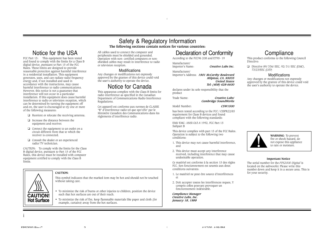 Cambridge SoundWorks FPS2000 operating instructions Safety & Regulatory Information 