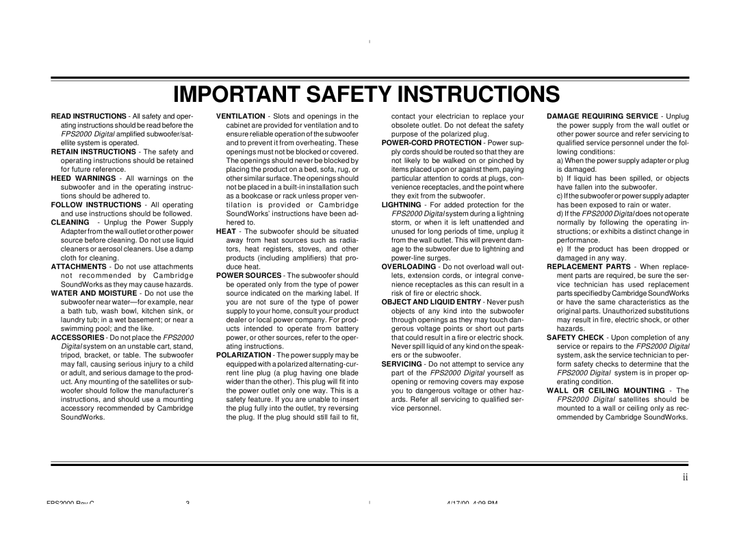 Cambridge SoundWorks FPS2000 operating instructions Important Safety Instructions 