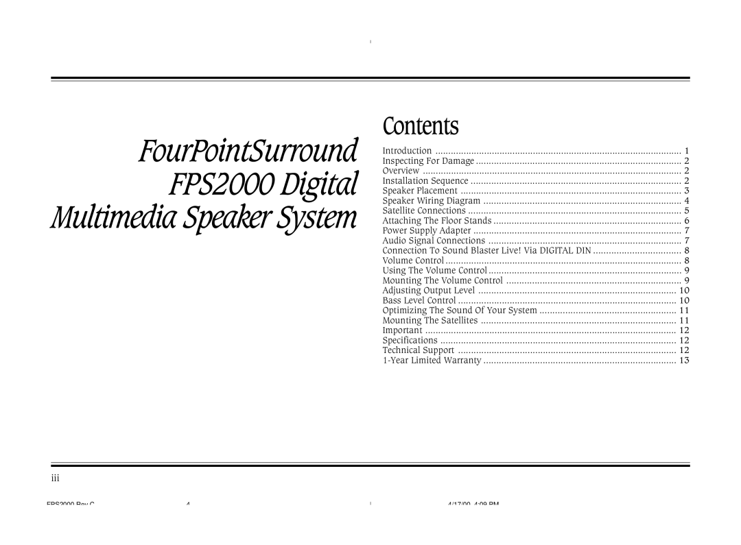 Cambridge SoundWorks operating instructions FourPointSurround FPS2000 Digital Multimedia Speaker System, Contents 