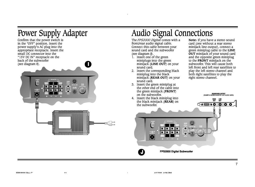 Cambridge SoundWorks FPS2000 operating instructions Power Supply Adapter, Audio Signal Connections 