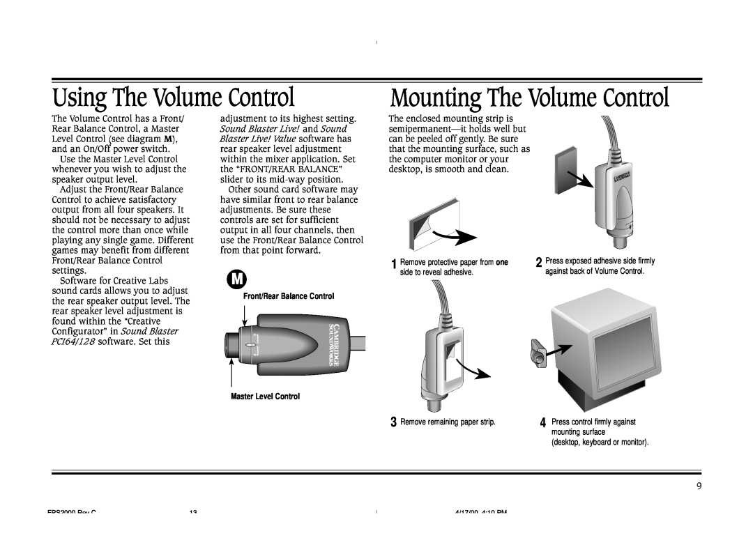 Cambridge SoundWorks FPS2000 operating instructions Using The Volume Control, Mounting The Volume Control 