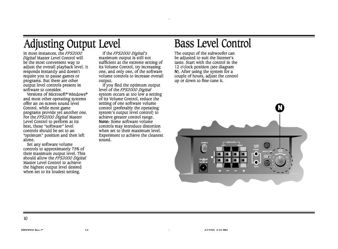 Cambridge SoundWorks operating instructions Adjusting Output Level, Bass Level Control, If the FPS2000 Digital’s 