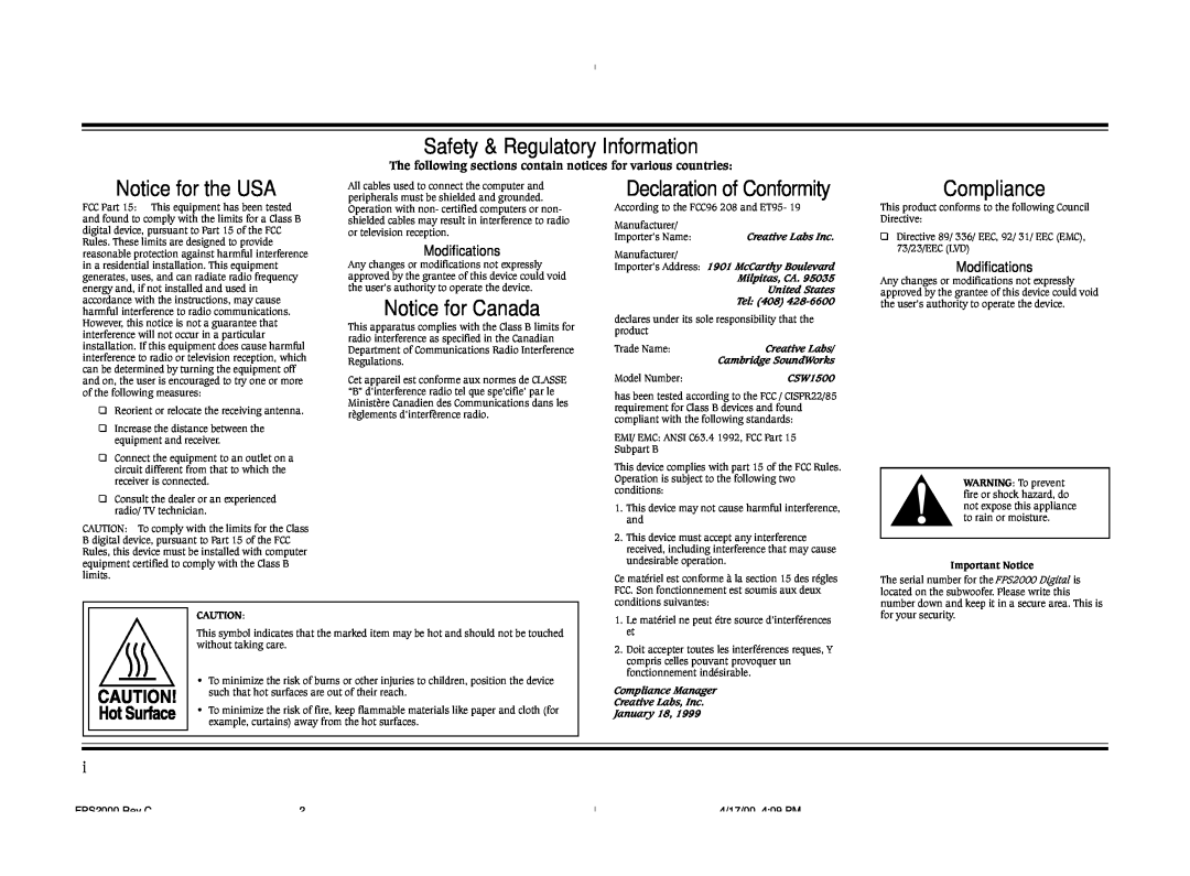 Cambridge SoundWorks FPS2000 Safety & Regulatory Information, Notice for the USA, Notice for Canada, Compliance, CSW1500 