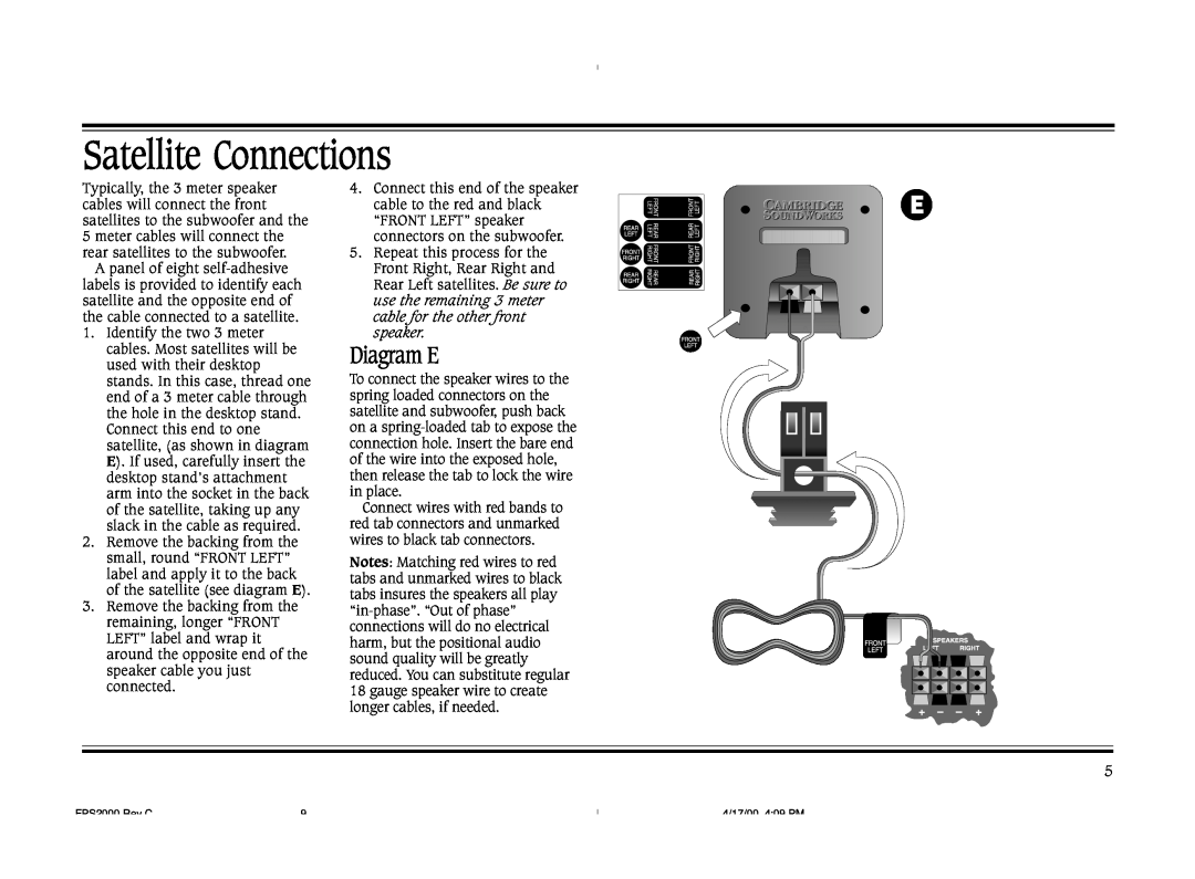 Cambridge SoundWorks FPS2000 operating instructions Satellite Connections, Diagram E 