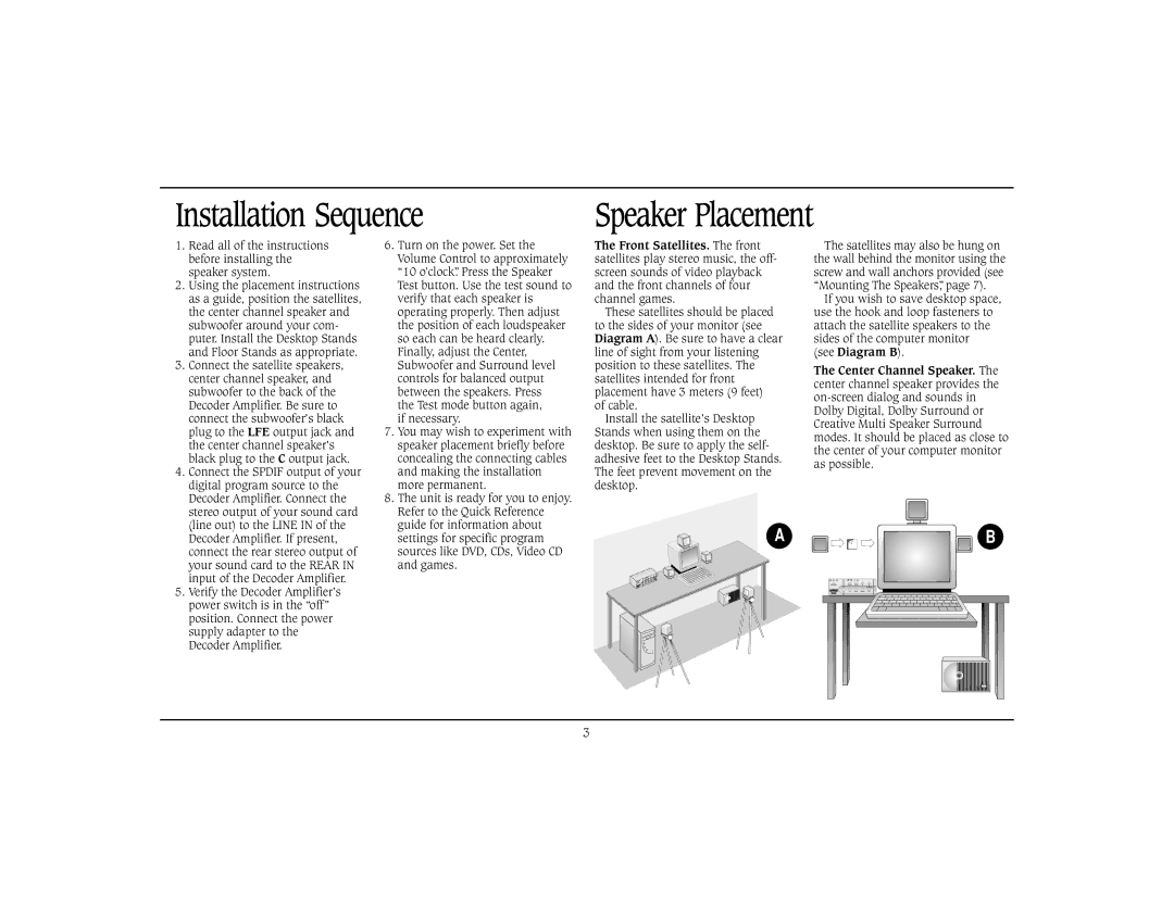 Cambridge SoundWorks Home Theater System specifications Installation Sequence Speaker Placement 