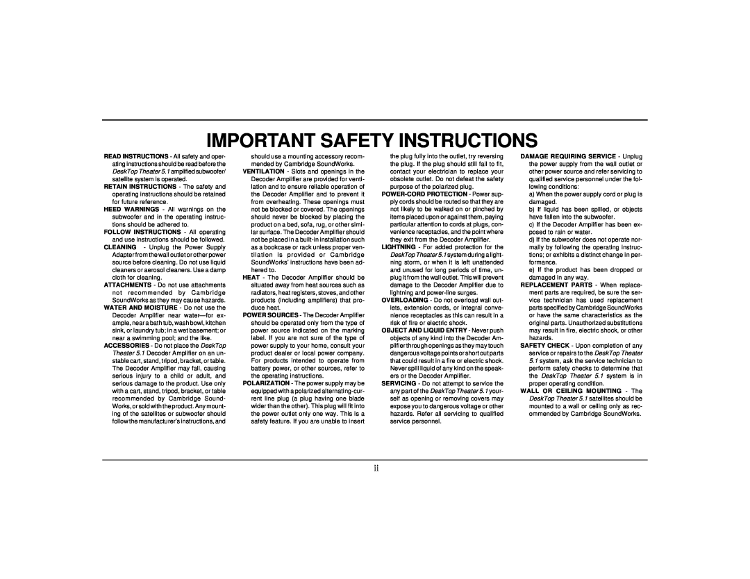Cambridge SoundWorks Home Theater System specifications Important Safety Instructions 
