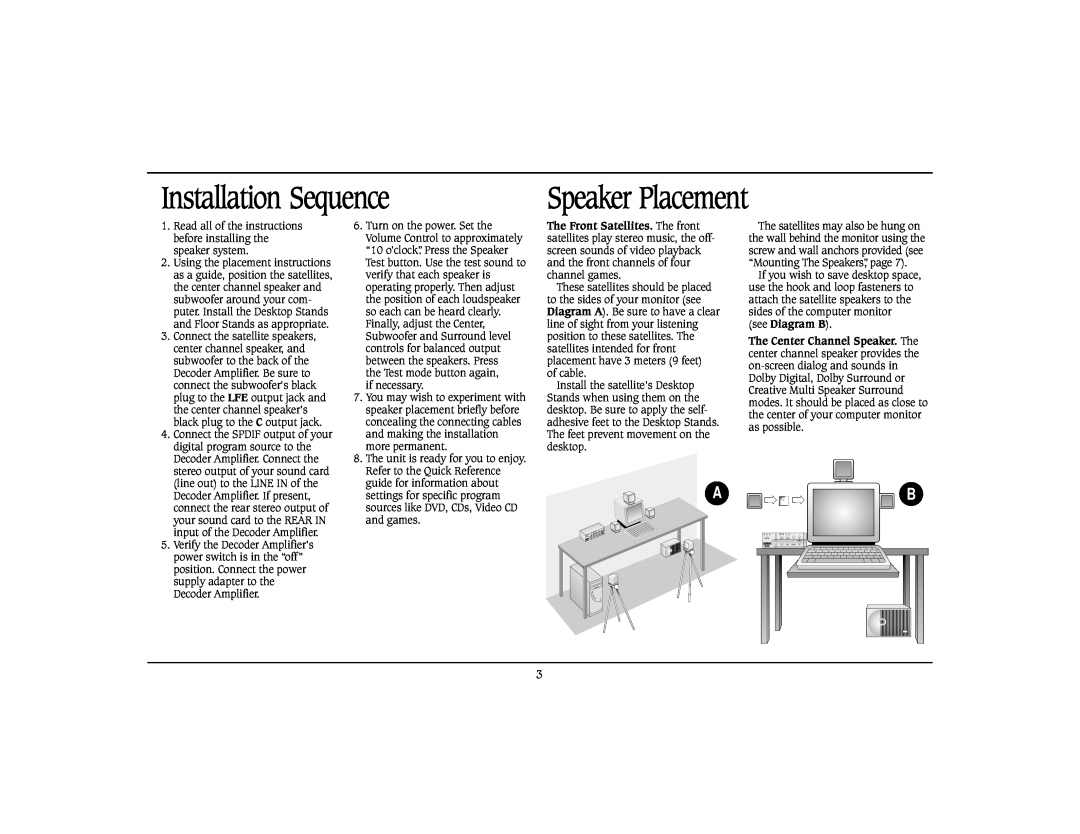 Cambridge SoundWorks Home Theater System specifications Installation Sequence, Speaker Placement 
